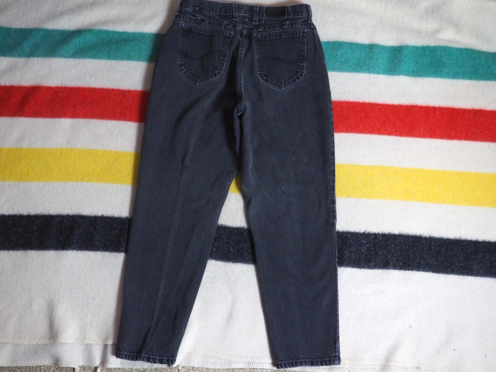 VTG 90s Lee Faded Black High Waist Taper Mom 30×27 USA Denim Jeans Pants Womens