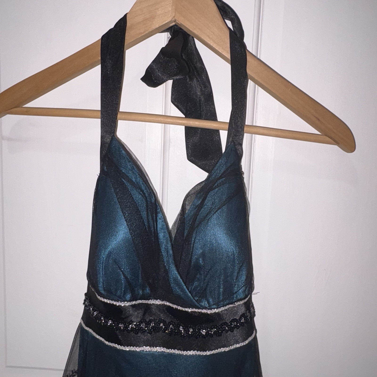 Teeze Me Juniors Halter Party Dress – Teal Blue with Black Overlay, Size Small