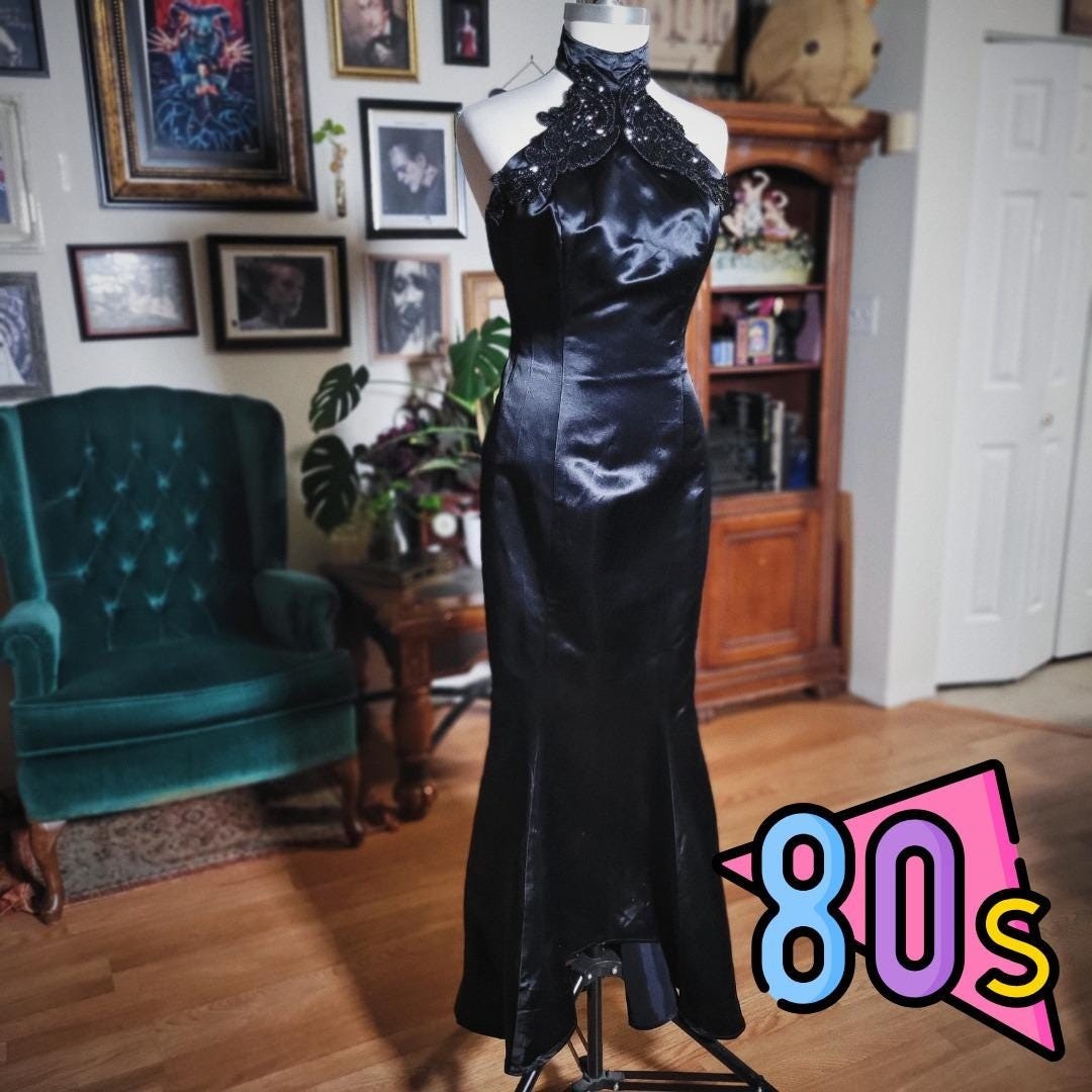 Climax Karen Okada Gown Black Satin Vintage 80s Beaded Halter Mermaid Dress Prom