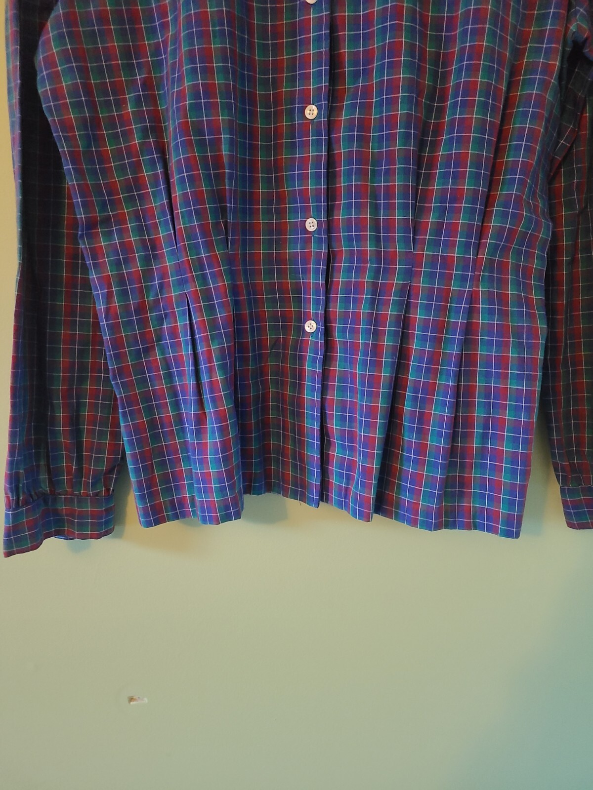 Vtg Purple Red Green Plaid Button Up Blouse/Shirt Ruffle Collar Sz 14 Prairie