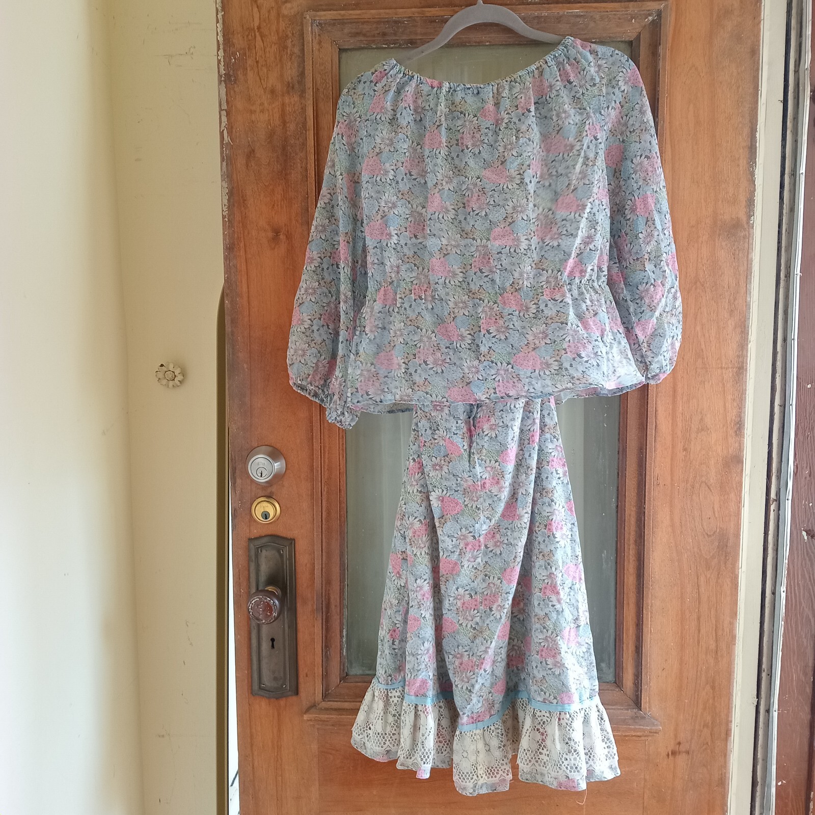 Vintage 70s Pastel Blue Floral 2 Piece Shirt Skirt Set S Hippie Boho Festival S
