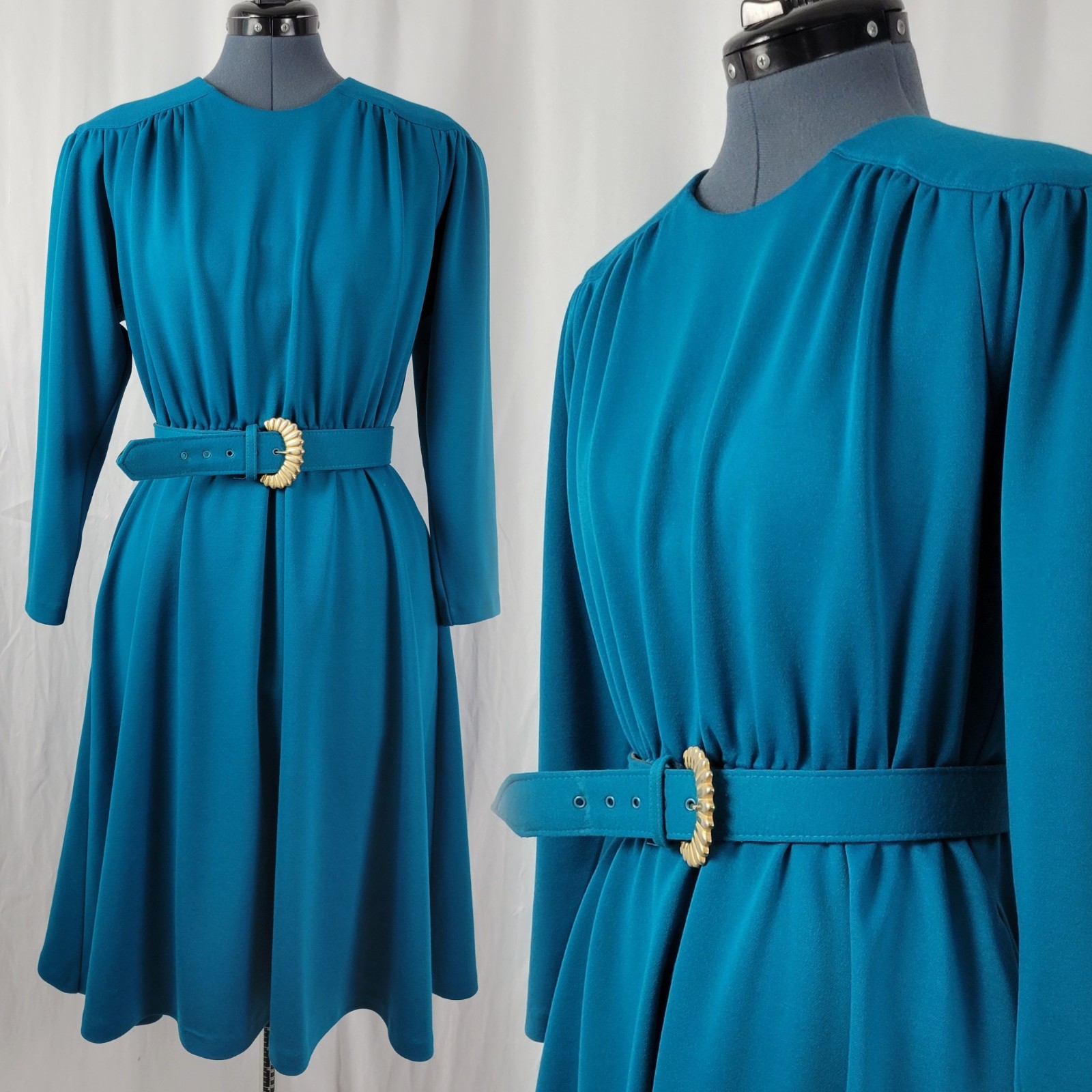 Vintage Impromptu Teal/Turquoise Blouson Dress w Matching Belt Size 12P