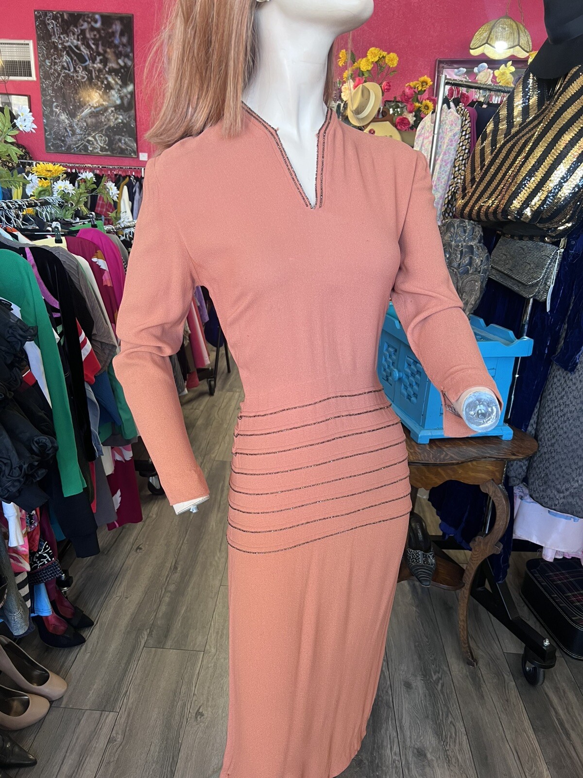 1940s Cinnamon Crepe Dress With Rust Beaded Waist And Fabric Covered Button Back