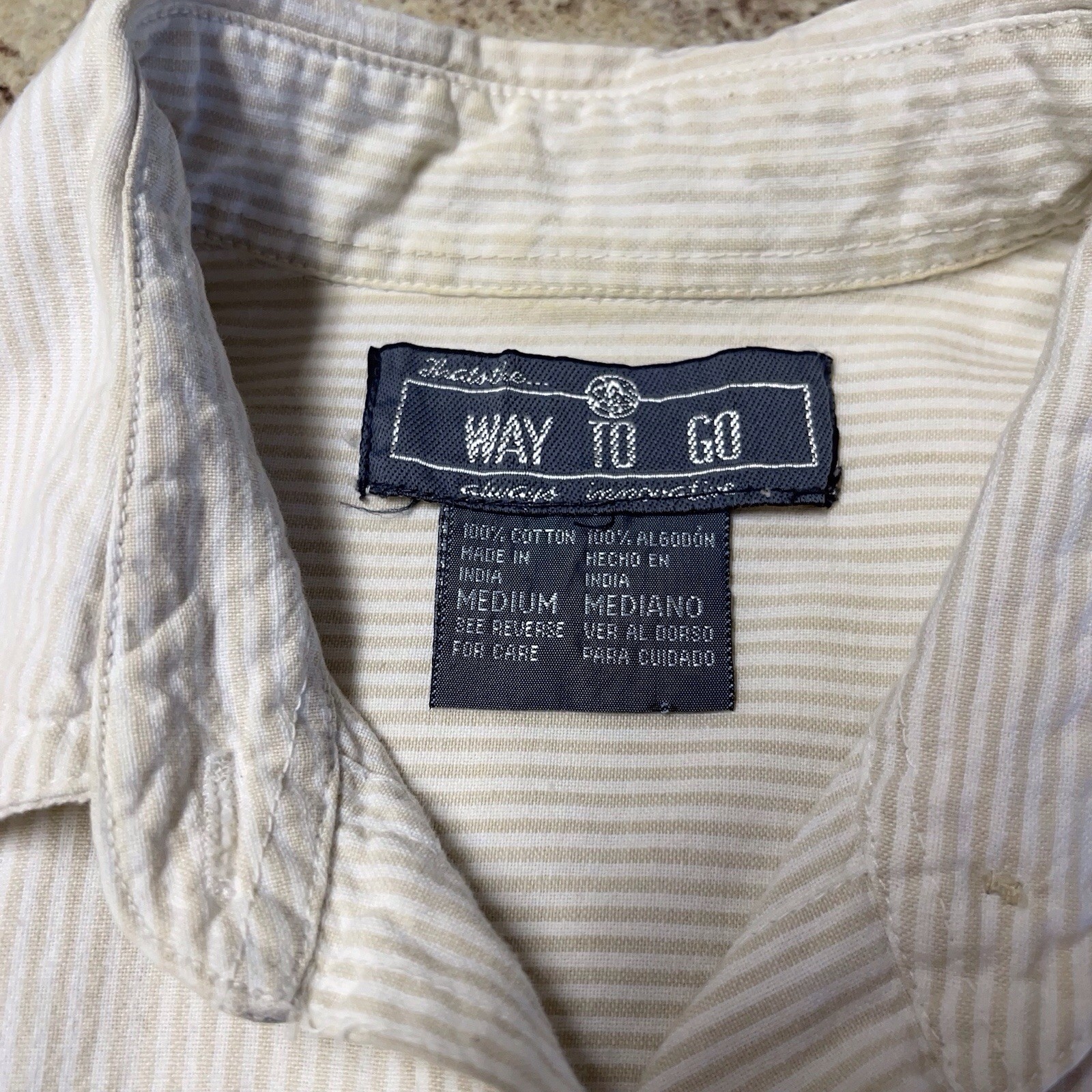 Vintage Way To Go Playful Cats Top Beige Stripe Button Up Women’s Short Sleeve