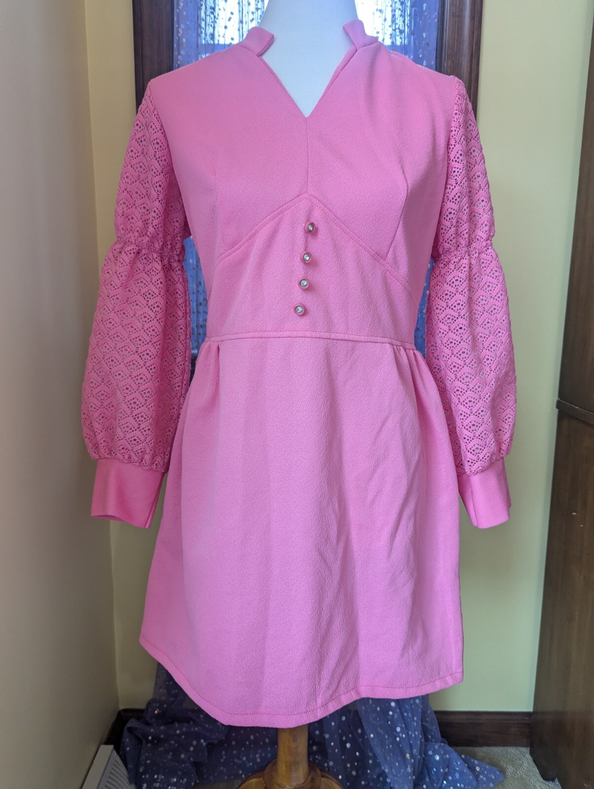 Vintage 70’s Hot Pink Polyester Lace Juliet Sleeves Ultra Mini Dress Size S/M