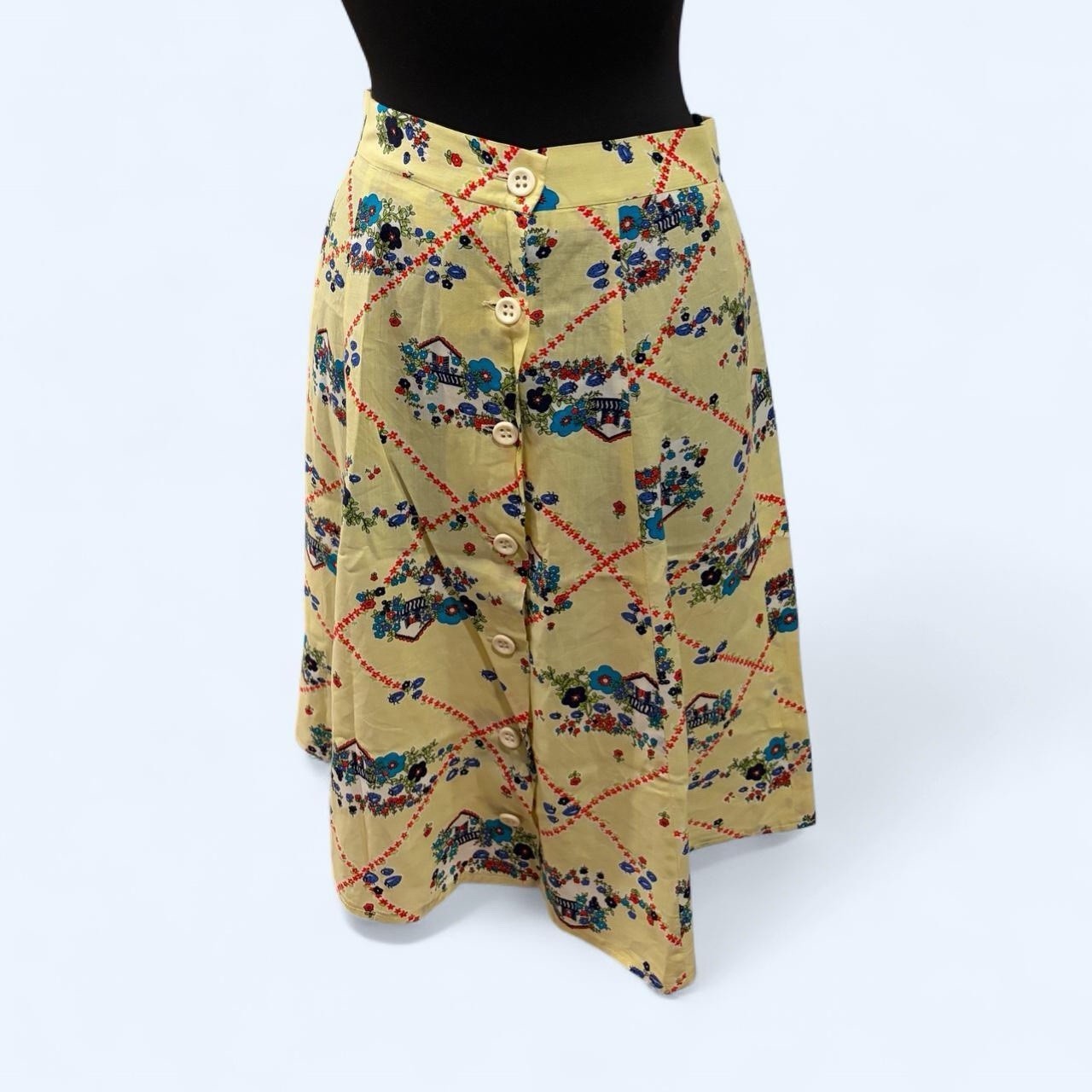 Vintage 60s Novelty Print Skirt Yellow Size Small Floral Cottagecore