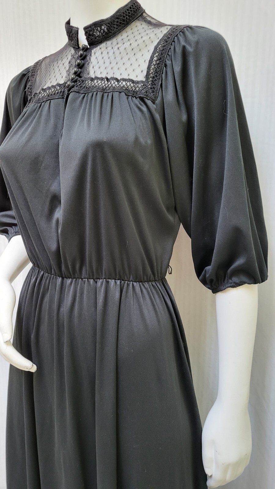 Vintage AMY DEB Black Knit Dress with Mesh Lace Yoke – Size M
