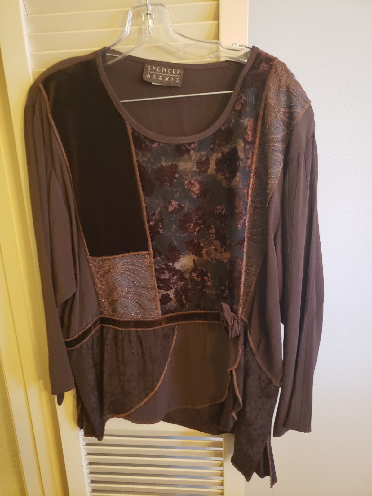 VTG Spencer Alexis Chocolate Brown Patchwork L/S Top Sz 2X Art Lagenlook Boho