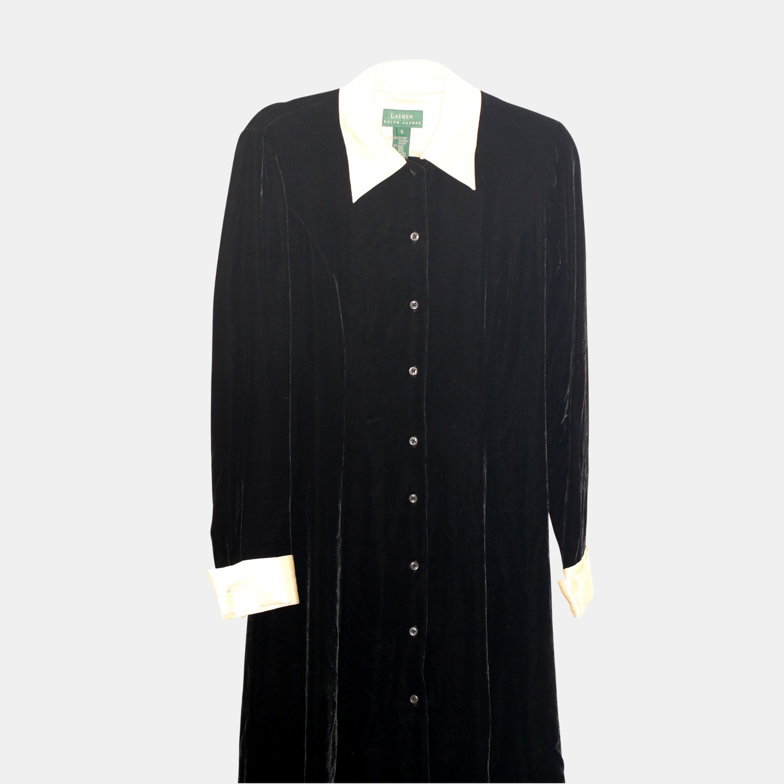 Ralph Lauren 1990s Vintage Black Silk-Blend Velour Shirt Dress – Size 4 – Very G