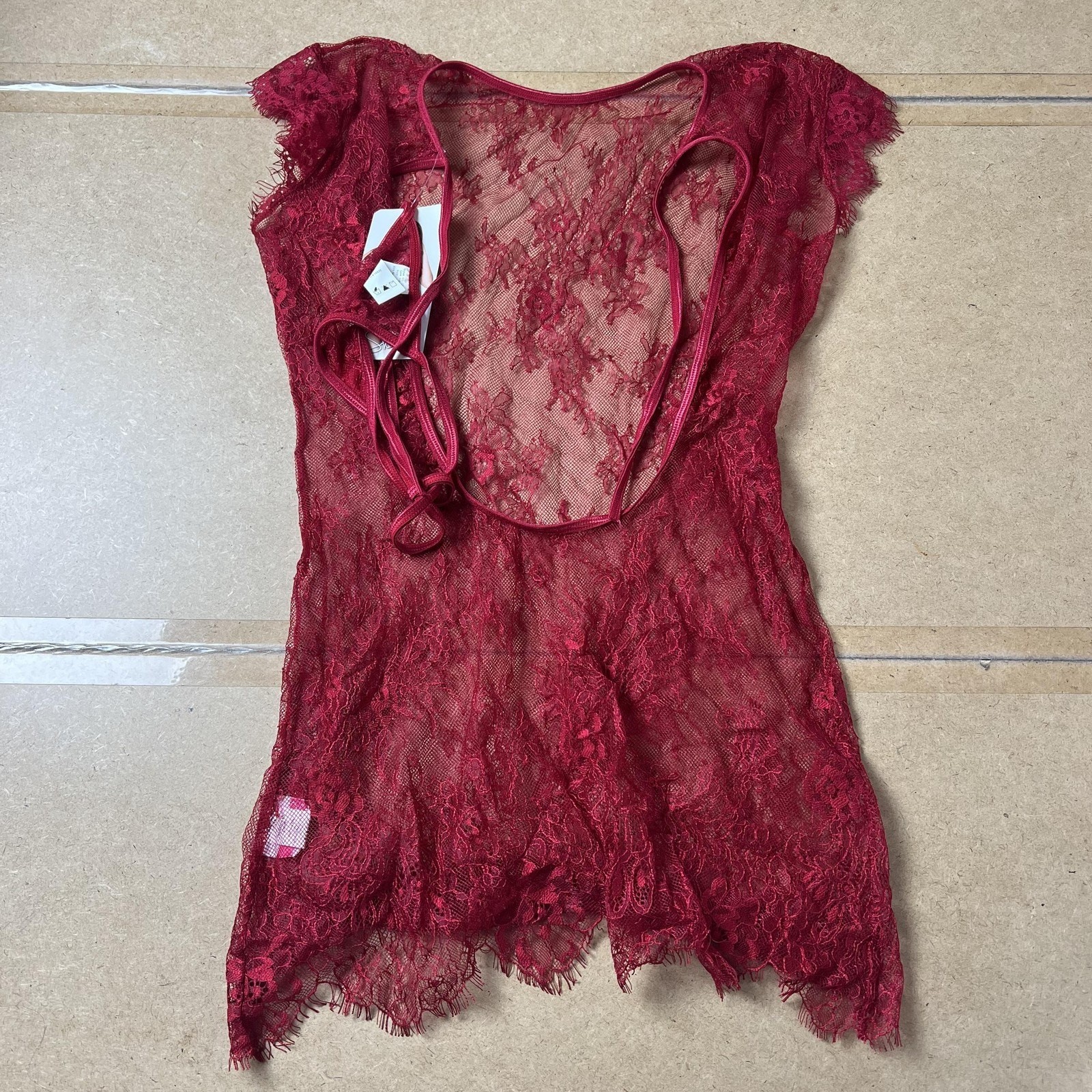 Shirley Chemise Womens S Red Lace Sheer Short Sleeve Scalloped Hem Sexy