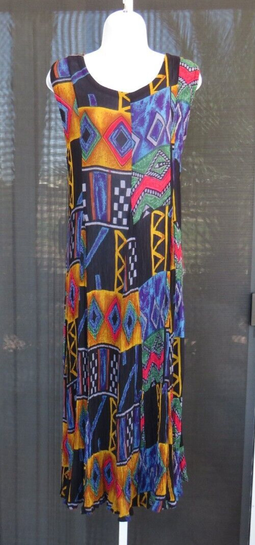 VTG 1980s ANU GAUZY ABSTRACT BOHO HIPPIE ETHNIC PEASANT DRESS SIZE LG TIE BELTS