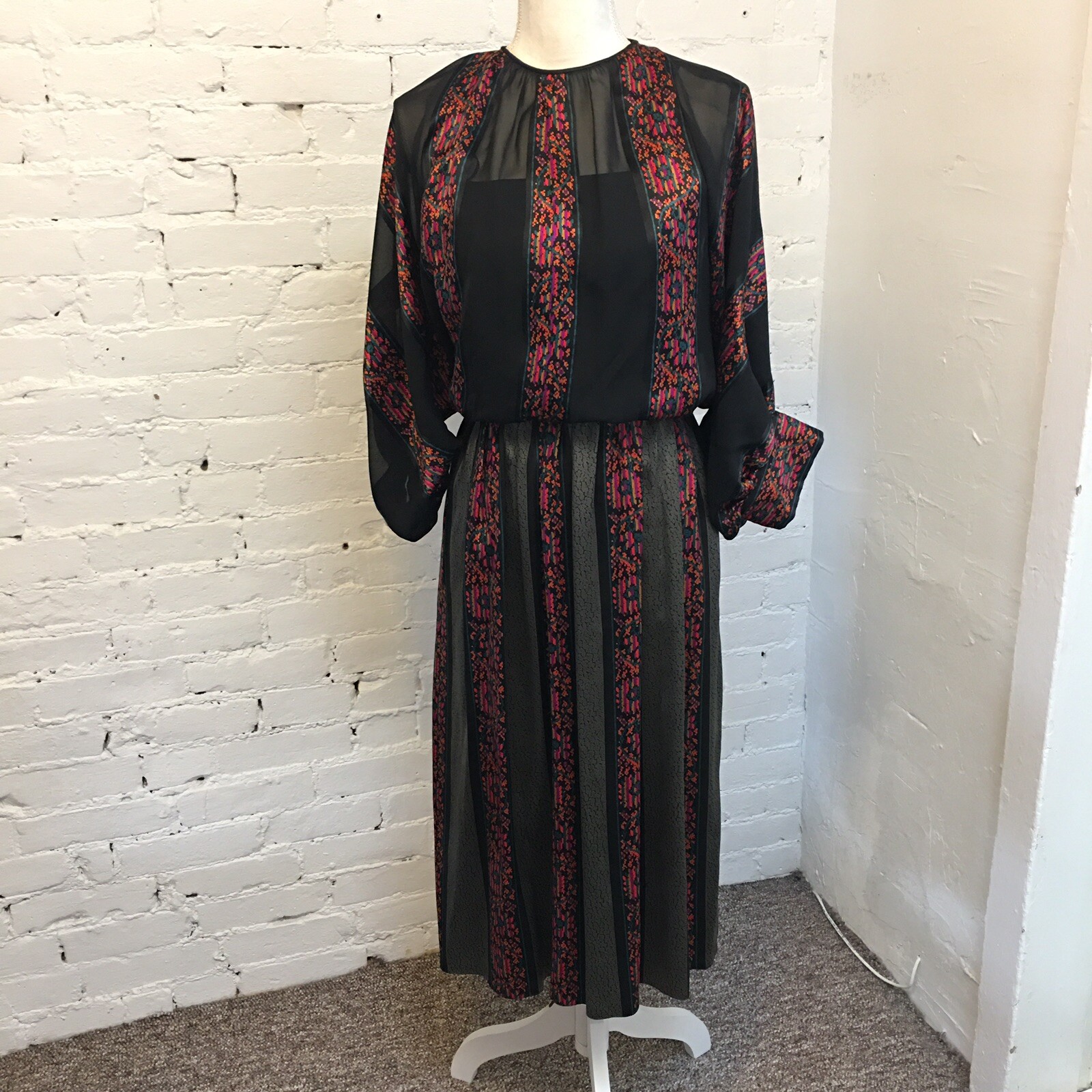 Richilene vintage 80s silk blouson illusion neck dress black and pink