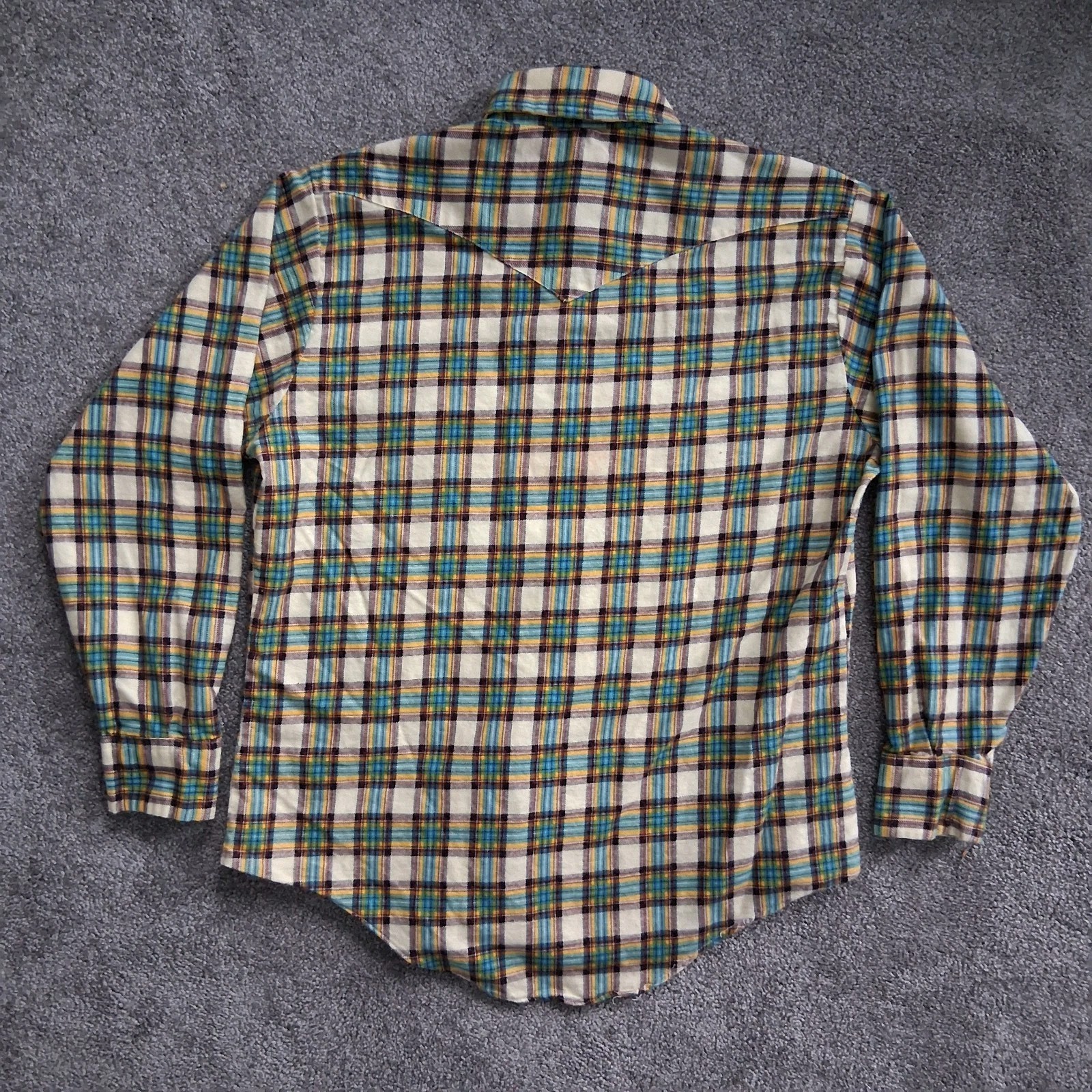 Vtg 70s Montgomery Ward Plaid Flannel Shirt | Retro Blue Yellow White Grunge L