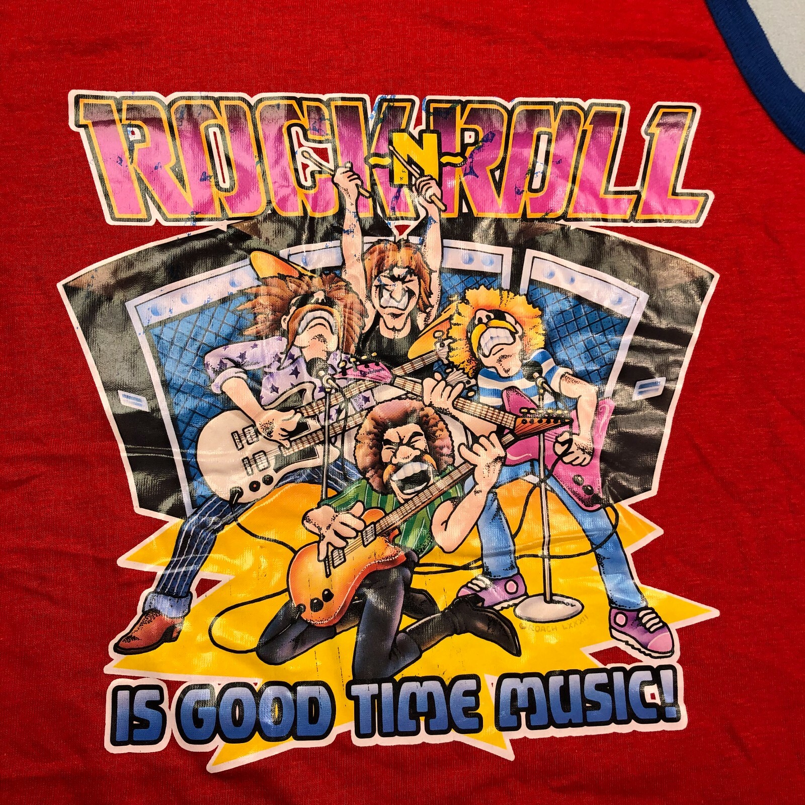 Vintage 80s 1980s Roach Iron-On Tank Top Rock N Roll 50/50 Large Red Shirt Vtg