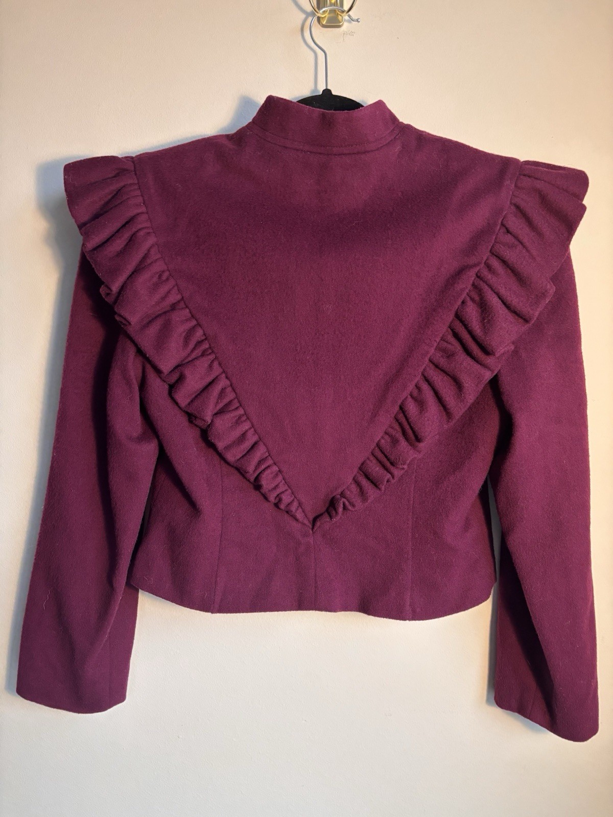 80s PERRY ELLIS Cropped Wool Jacket Ruffle Plum Purple Vintage sz10 modern small