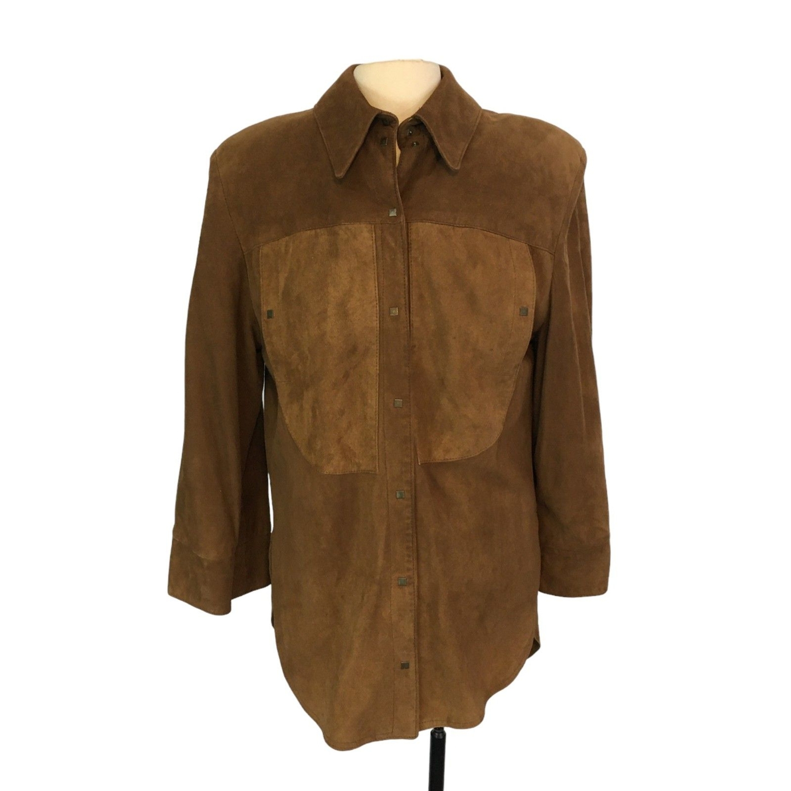 Womens Vintage 80s Brown Leather Shirt Jacket, Snap Front, sz 10, 42 chest