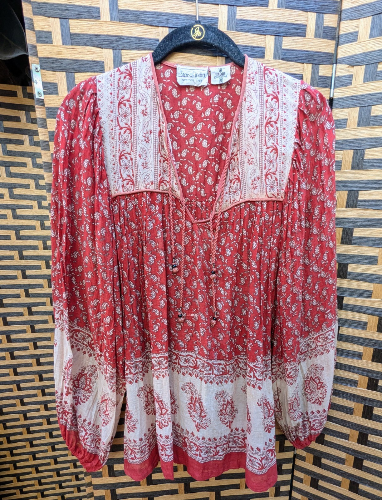 Vintage 1970s Star of India Hand Block Printed Indian Cotton Voile Boho Blouse S