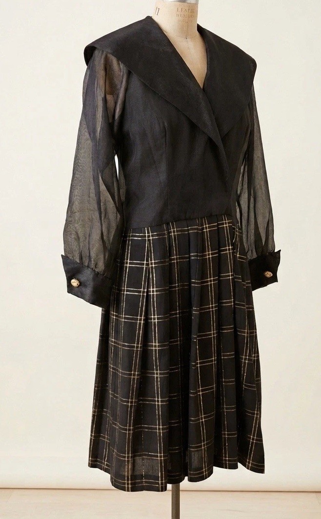 80’s Vintage Leslie Fay 6P Dress Black Gold Plaid Sheer Sleeve Cocktail Goth