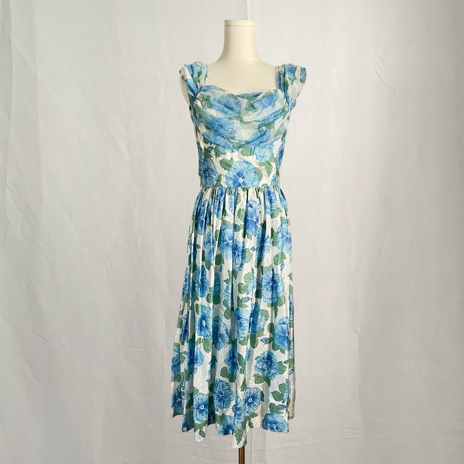 Vintage 50s Party Dress White Satin Tropical Floral Print Size Medium Handmade