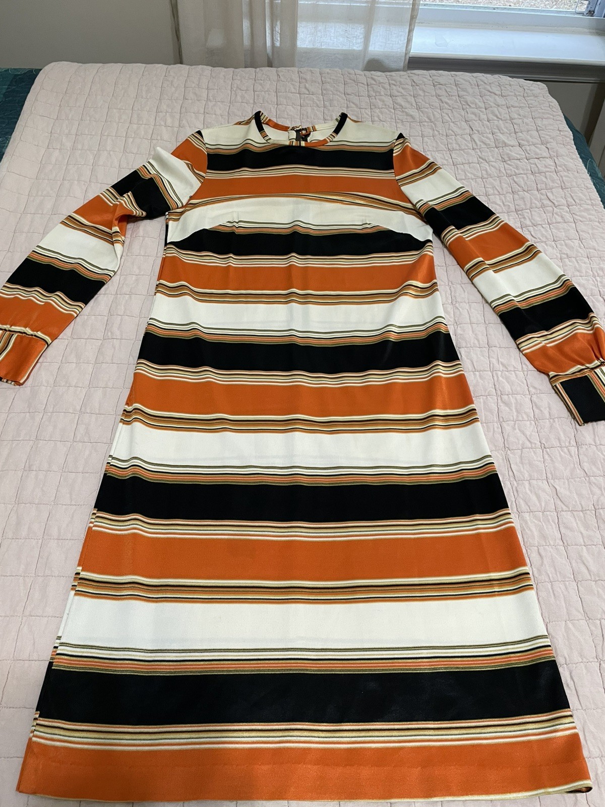 Hand Sewn Vtg 70s Midi Dress Orange Brown Yellow Sm/6 Long Sleeve Back Zipper **