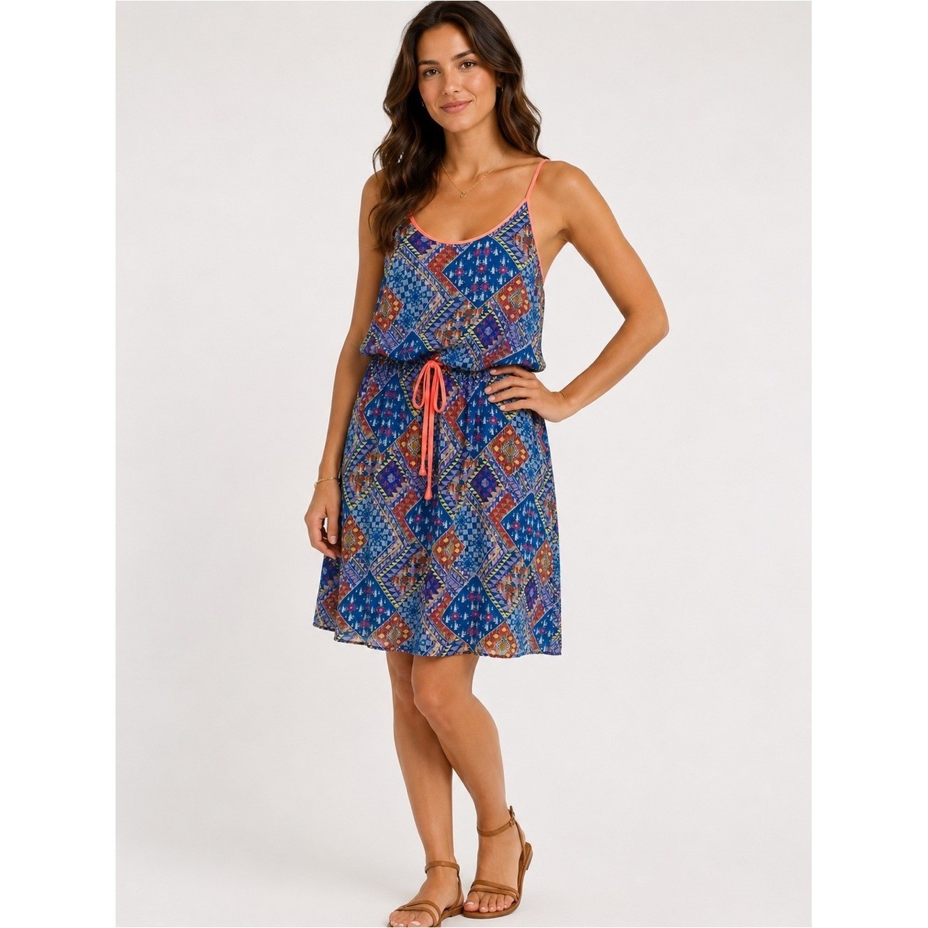 Vintage DEB Geometric Print Sleeveless Dress Blue Pink Coral Size M