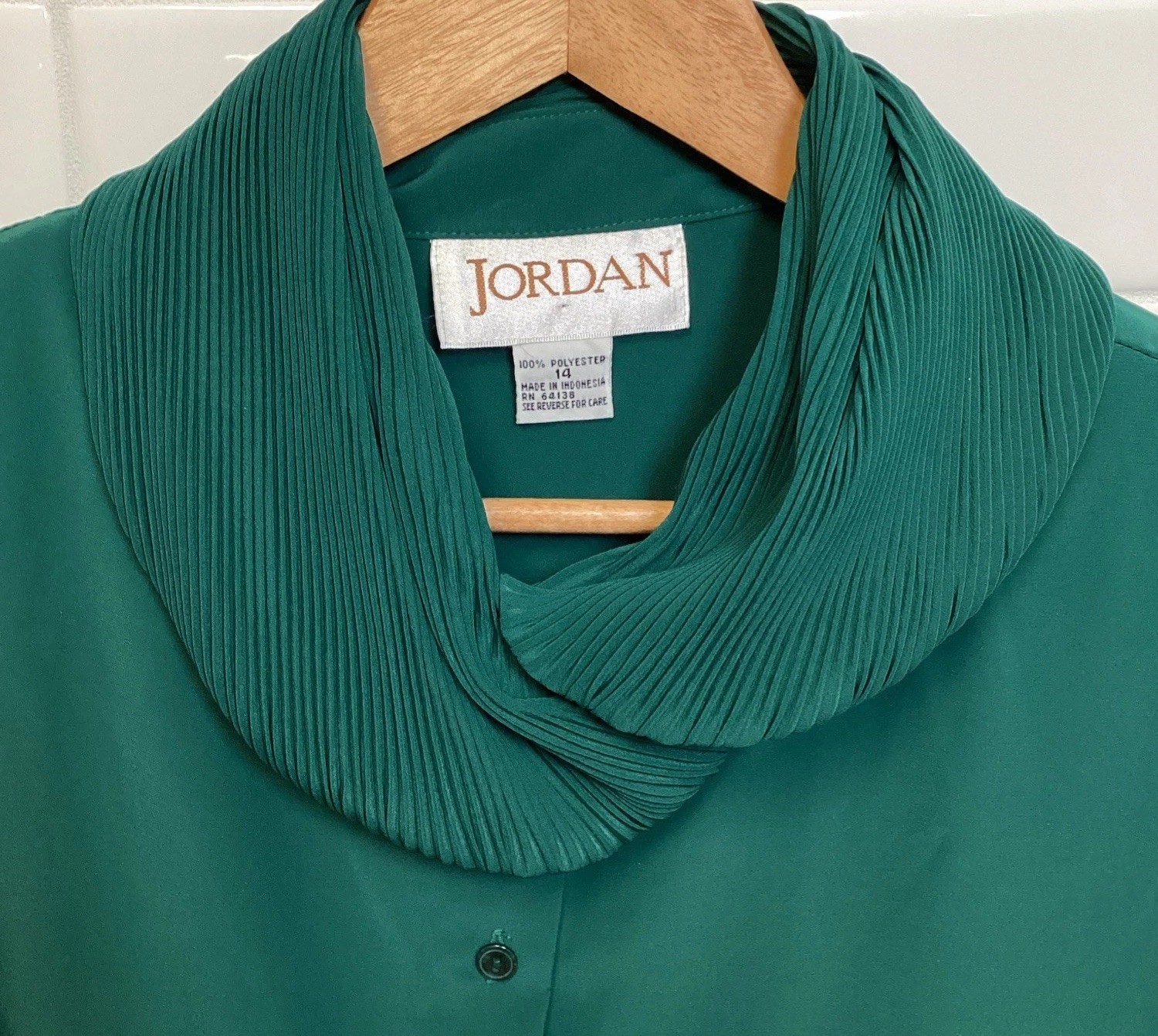 Womens Vintage Emerald Hunter Green Dress Blouse Sz 14 Elegant Pleated Cowl Neck