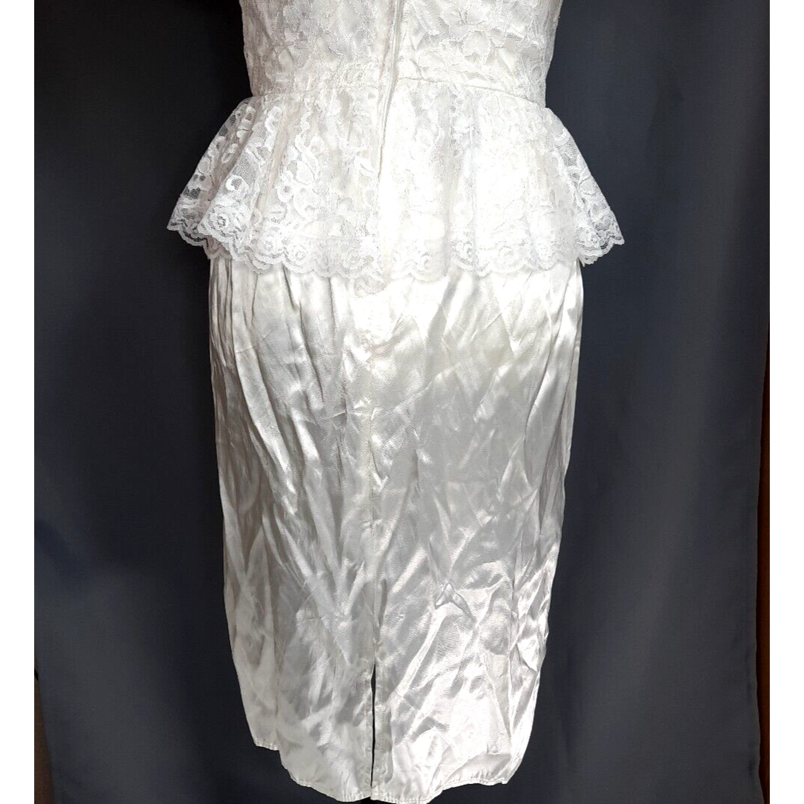 Vtg Diamonds Run Lace Puff Sleeve Peplum Satin Midi Dress Size 8 White Coquette