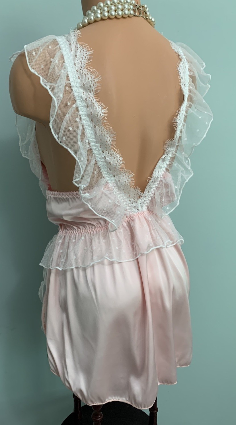 NEW GloSSy Satin Romper Bodysuit Teddy 2X Frilly SOFT Pink Polkadot Fairycore