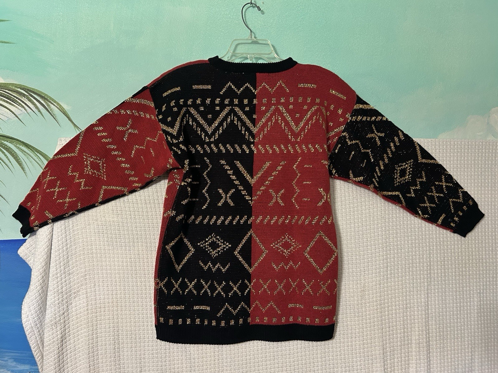 Vintage Women’s Metallic Gold Geometric Red Black Knit Sweater M Maurada Xmas