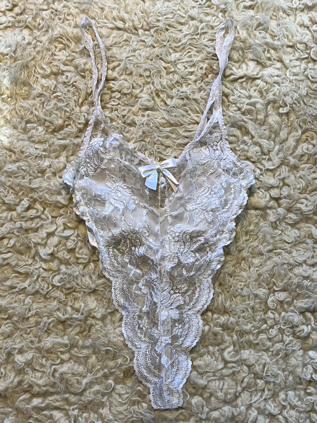 Vtg Sexy 80/90s JULIARA Lingerie Hi-Cut Thong Teddy White Nylon Lace SM