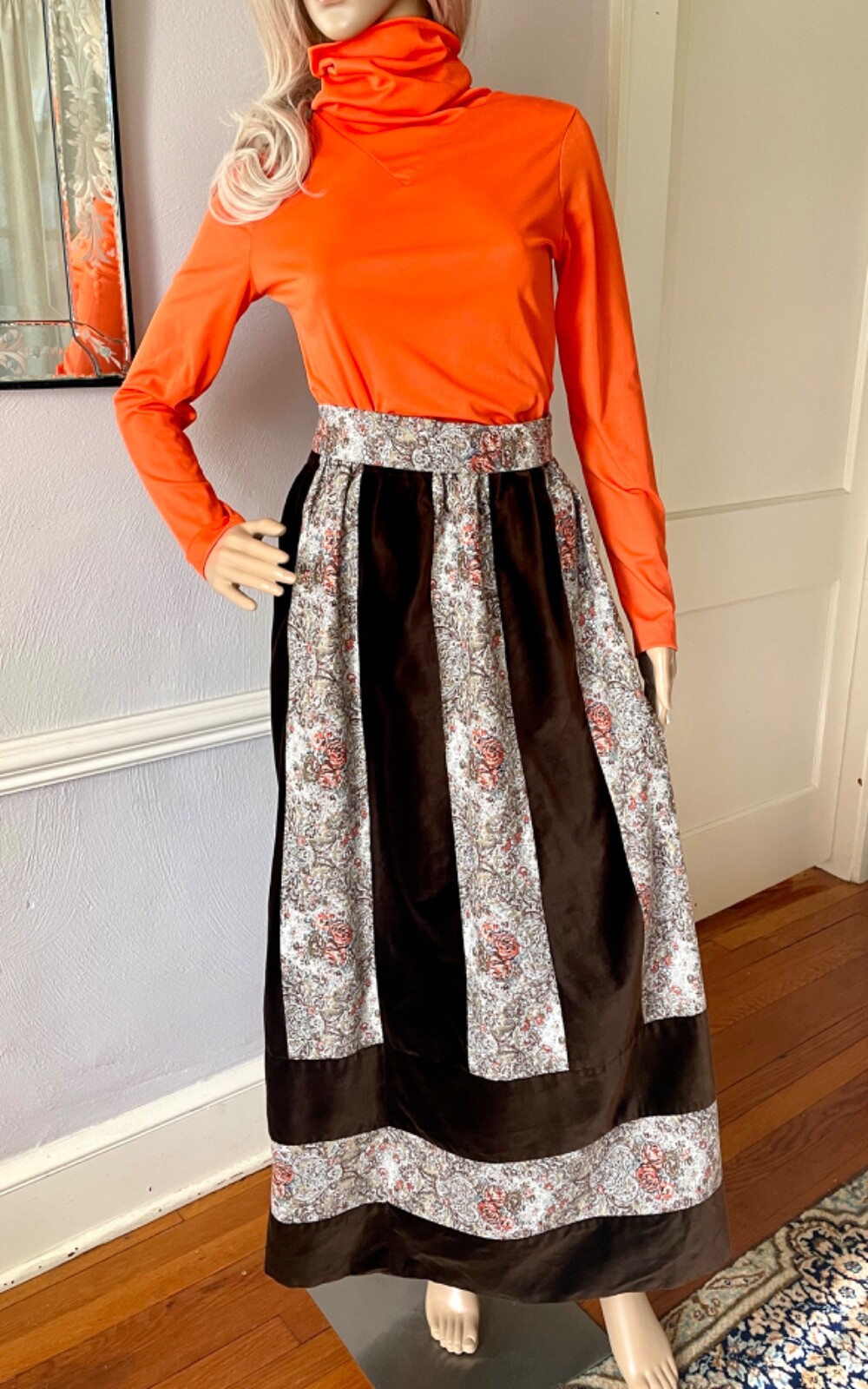 1970s Mr Hank Vintage Set, Velvet Patchwork Maxi Skirt, Cowl Neck Top, Size S