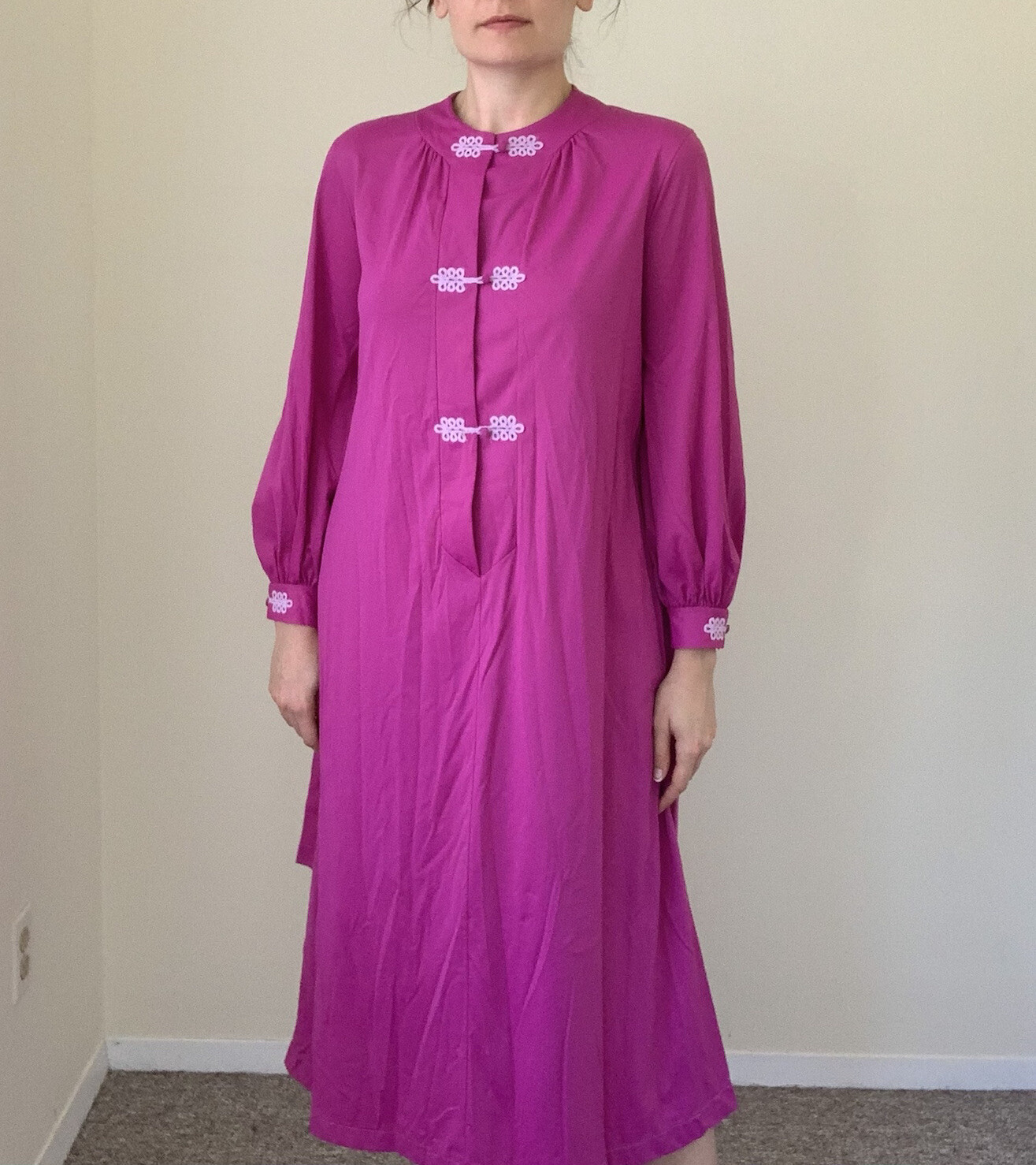 VINTAGE Asian Style Mandarin Nightgown Nylon Purple House Dress Lounge 60s 70s