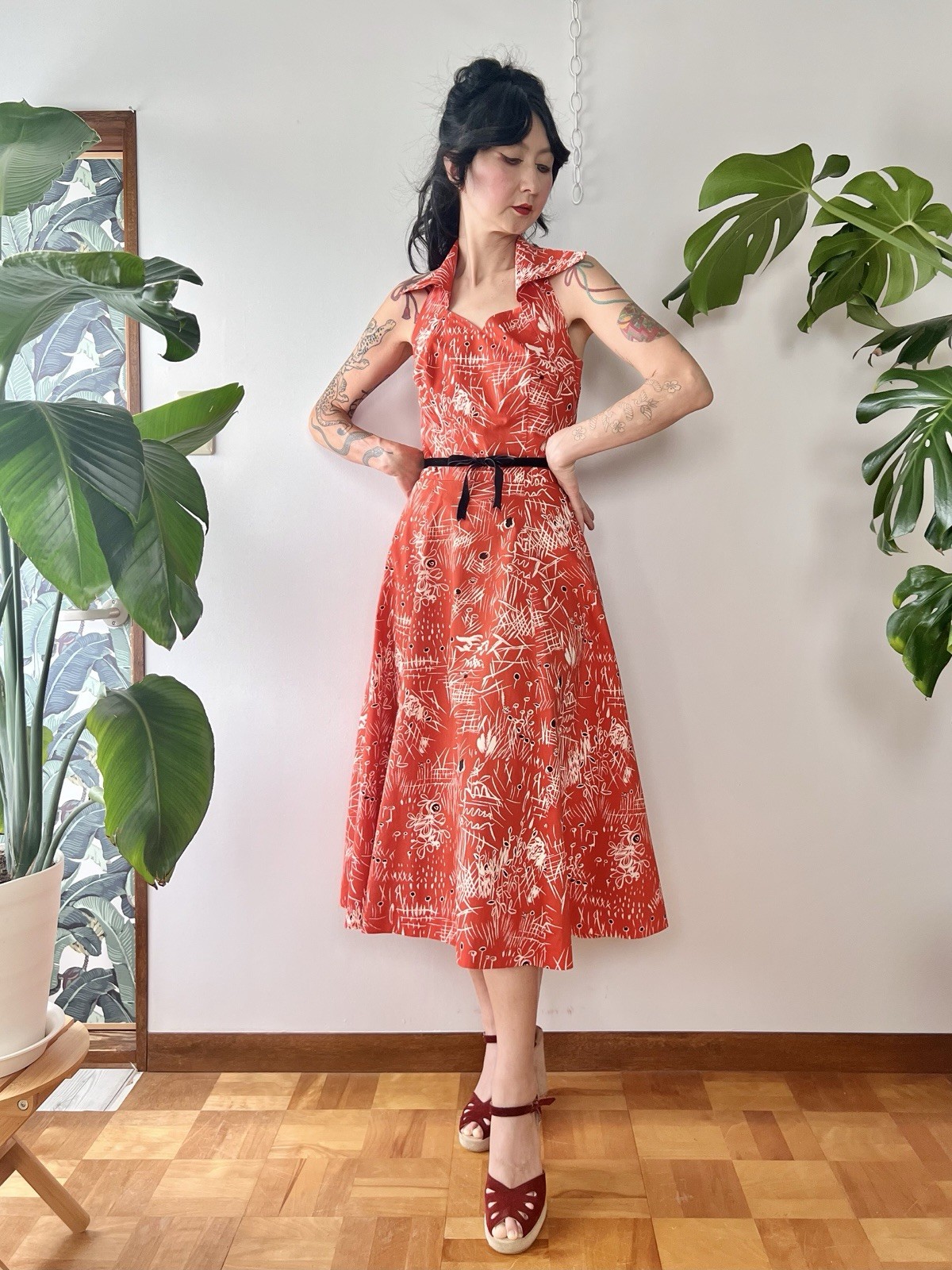 50s Abstract Print Collared Halter Neck Corset Lace Up Cotton Dress S/M LVL Tiki