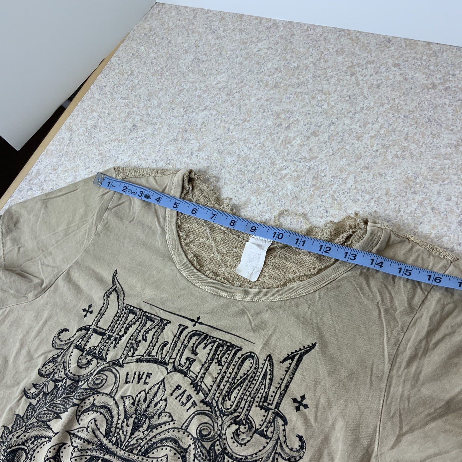 Affliction VTG Brown Black Beads “Lost Souls” Distressed Women’s XL Top Rare!