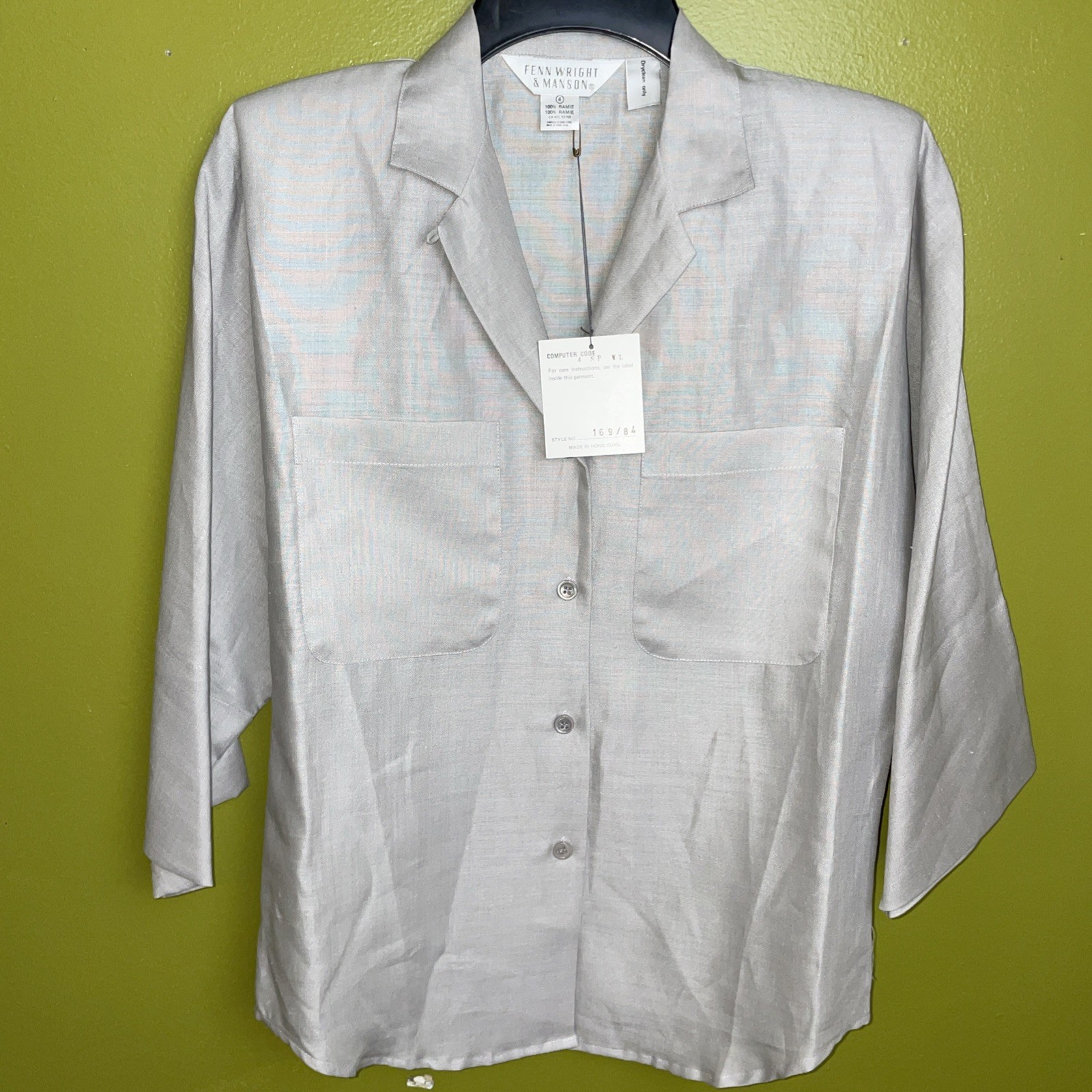Vintage NOS Fenn Wright Manson women 100% Ramie blouse button up shoulder pads 4