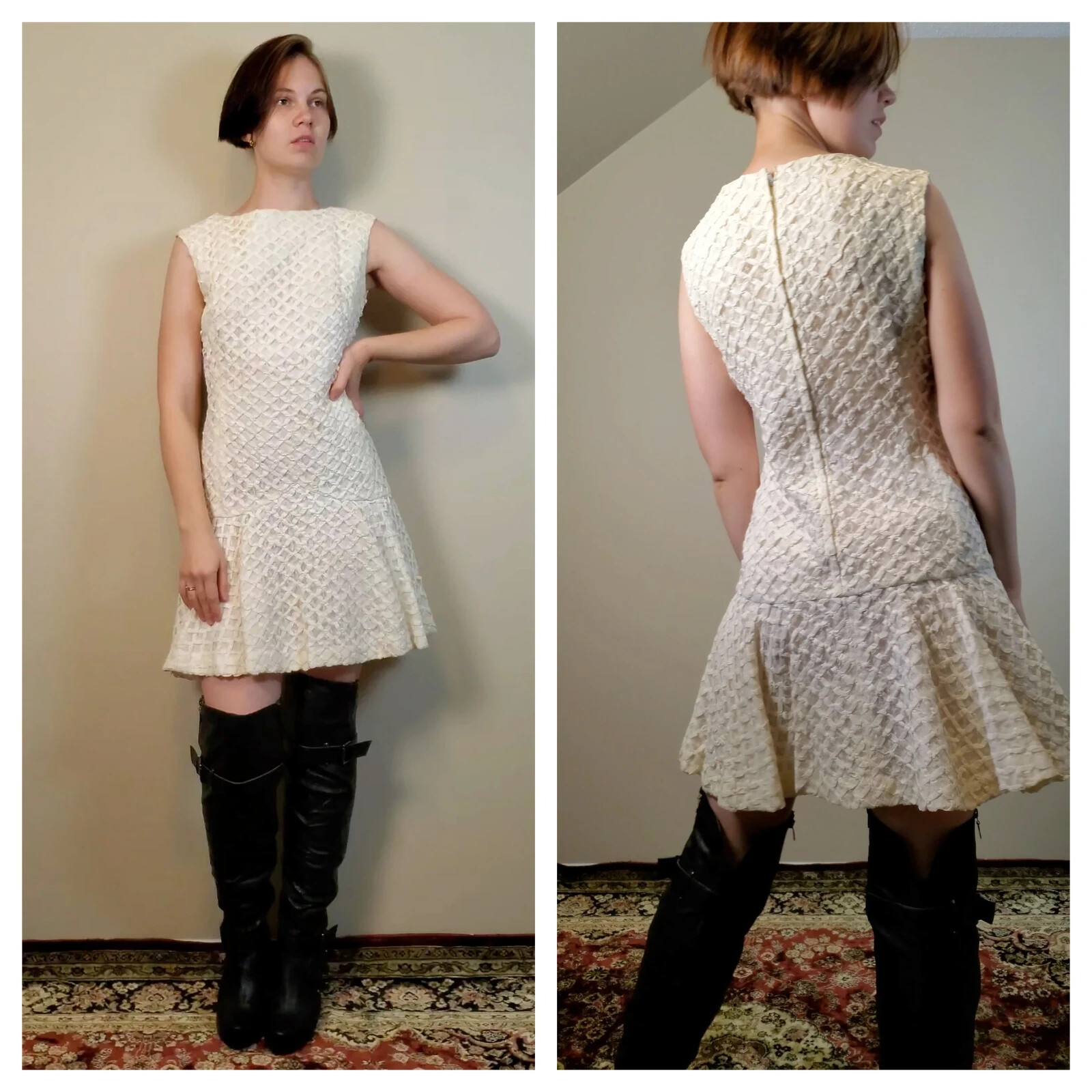 Vintage 1960s Junior Vogue mod mini dress with lace overlay like waffle, S to M