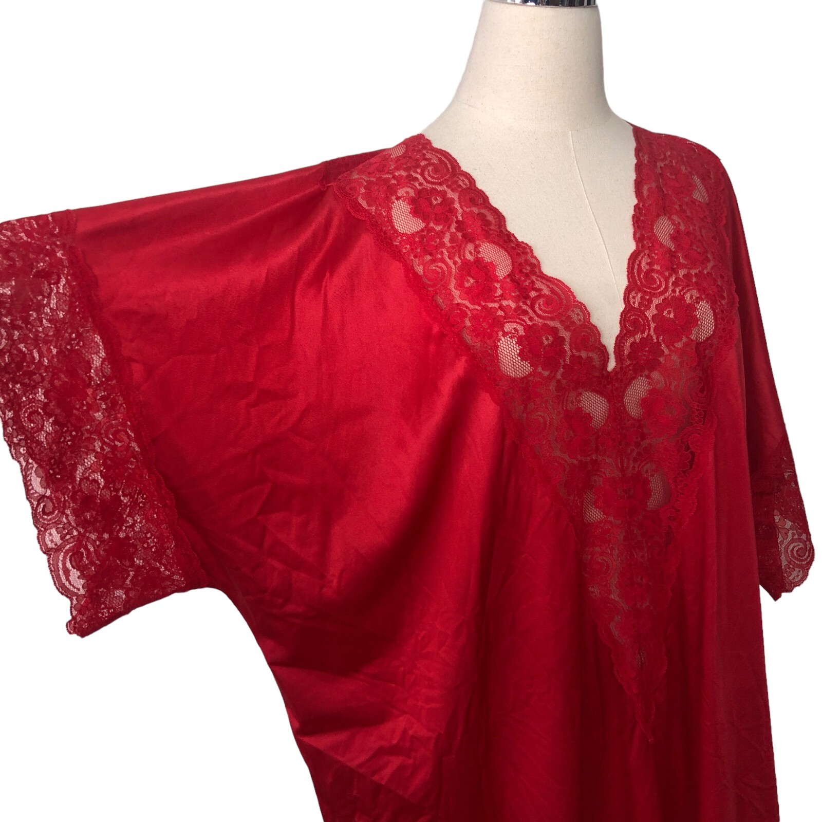 Vtg Danbury Nightgown Lipstick Red Nylon Lace V-Neck Caftan Kaftan Size Large