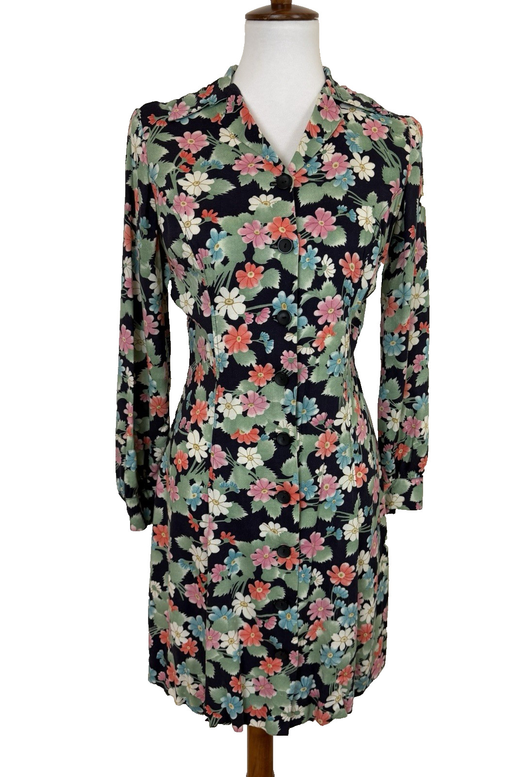 Vtg 60s 70s Handmade Short Shirt Long Sleeve Dress Sz S/M Mod Floral Rayon OOAK