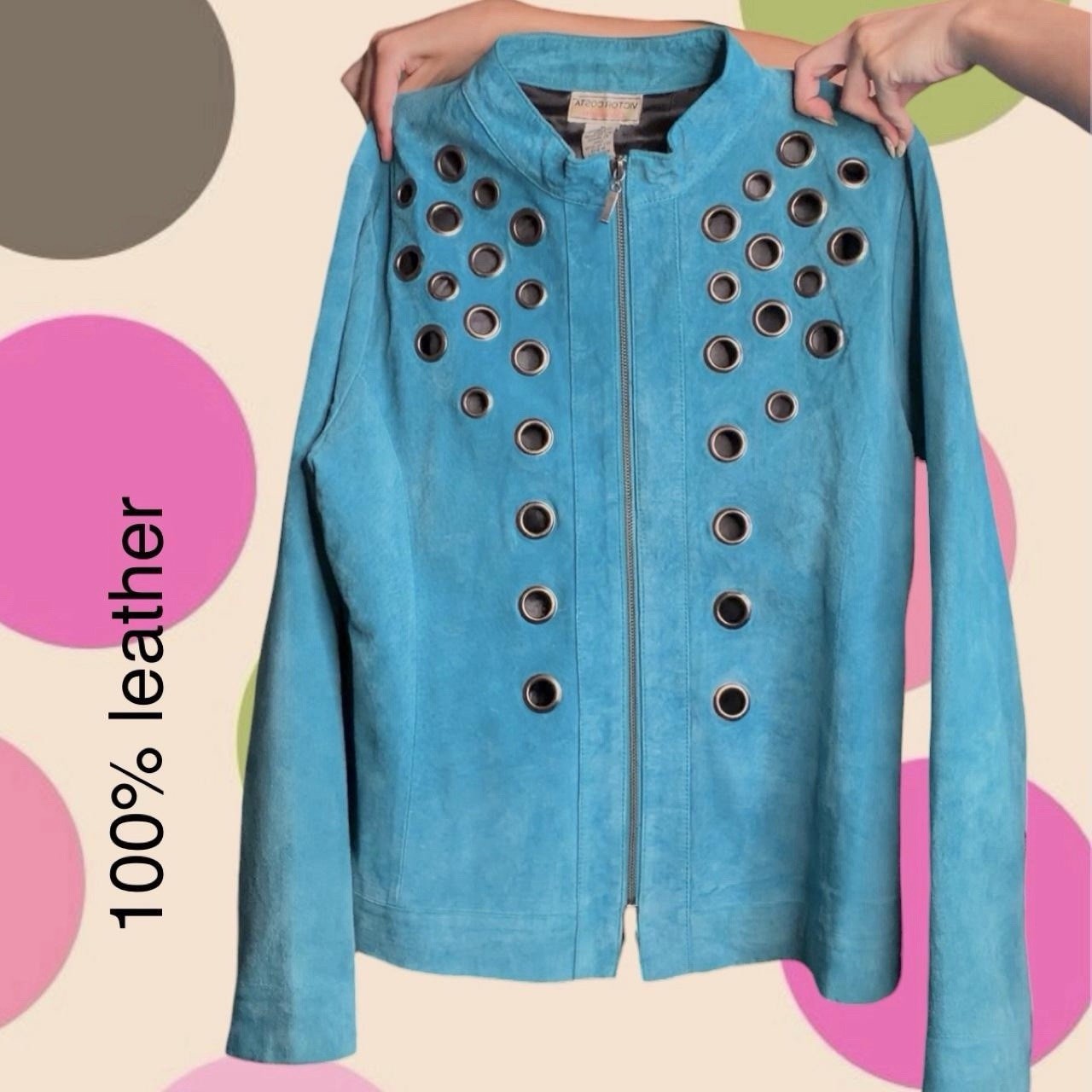 Vintage Rare Deadstock 90s Y2K Leather Grommet Turquoise Blue Teal Jacket