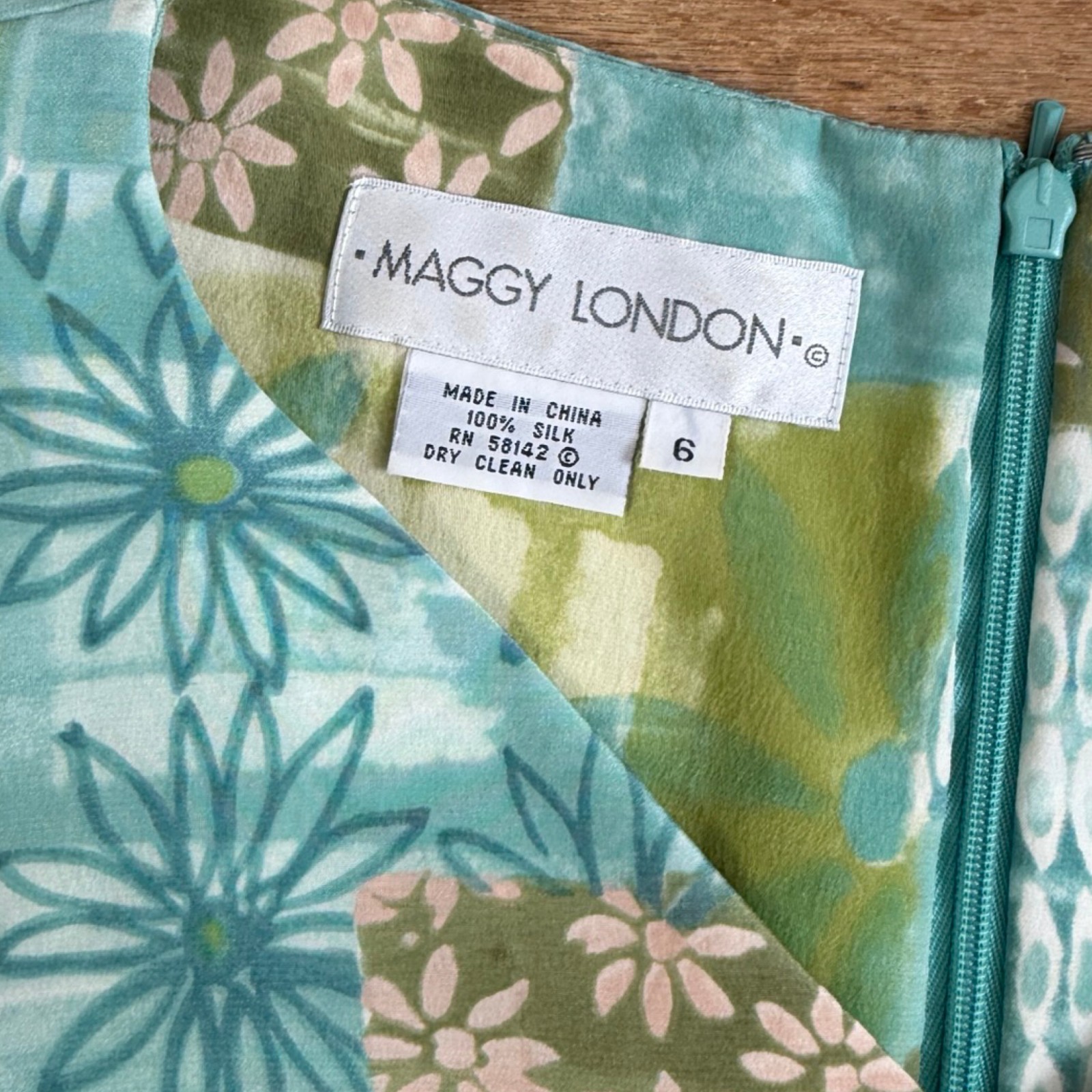Vintage Patchwork Floral Print Silk Dress 90s Maggy London Green/Blue Maxi