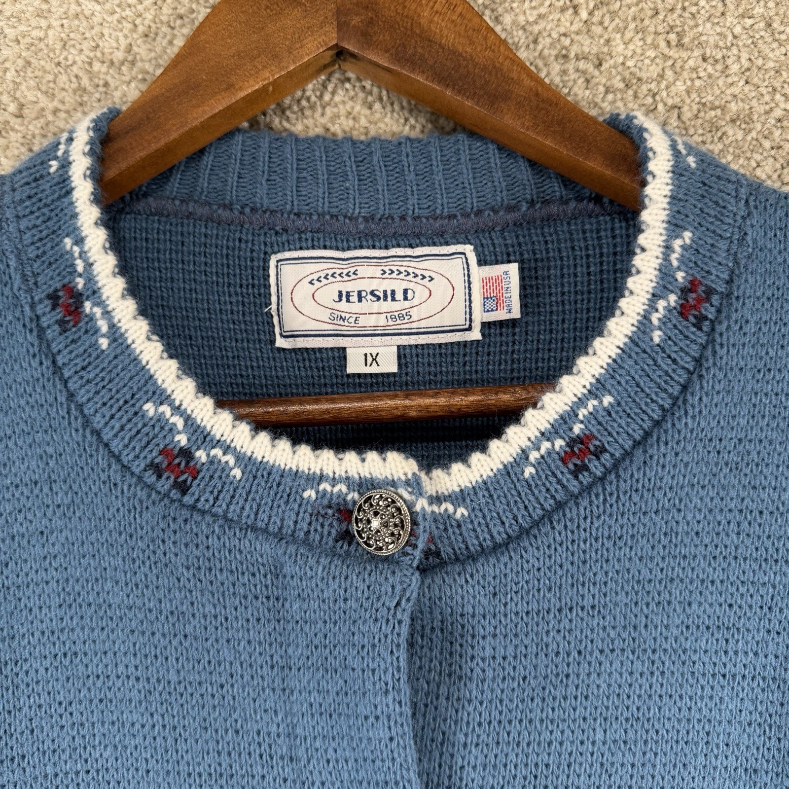 Jersild Cardigan Sweatee Sz 1X Nordic Cottage Core Fair Isle Blue Coquette USA