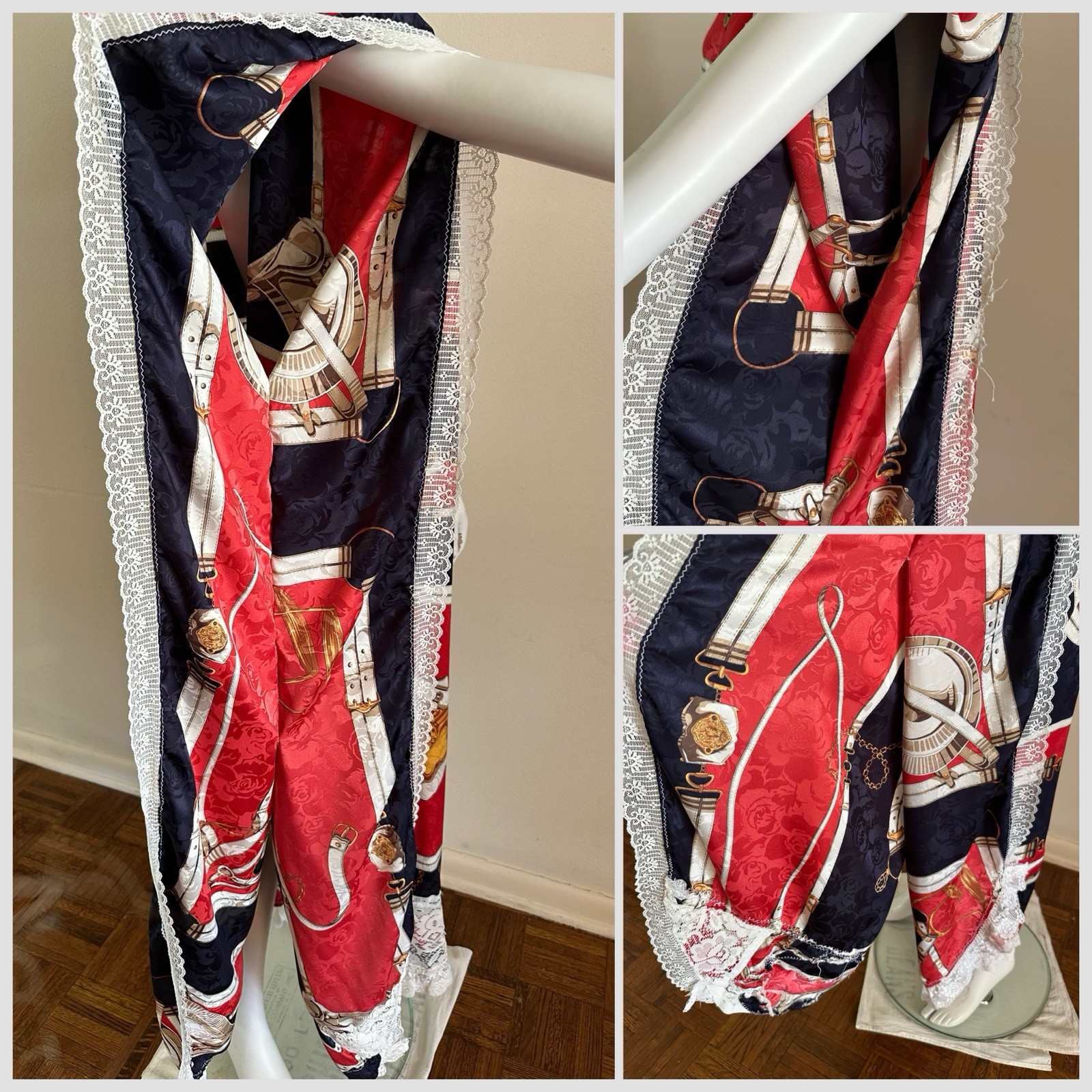 1970s Equestrian Scarf Print Caftan Dress Red Navy Gold Maxi Boho Resort Vintage
