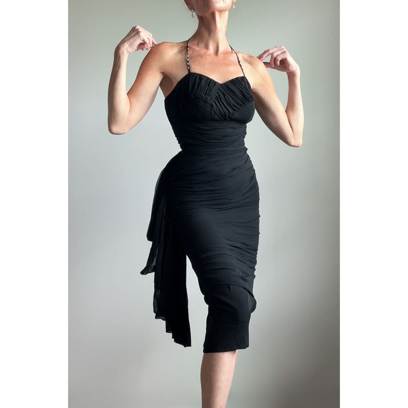 Vintage 1950s Black Chiffon Bombshell Cocktail Wiggle Party Dress XS/S