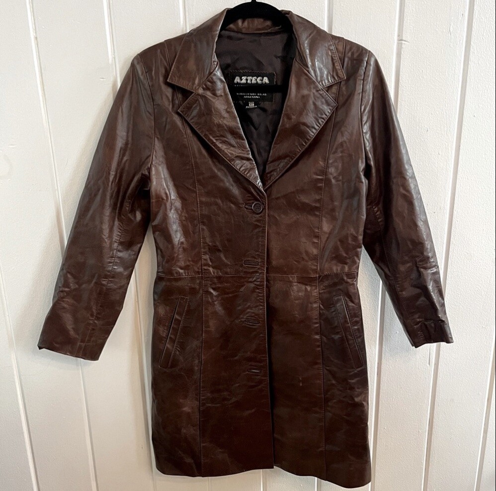 Vintage Azteca Leather Trench Coat (S)