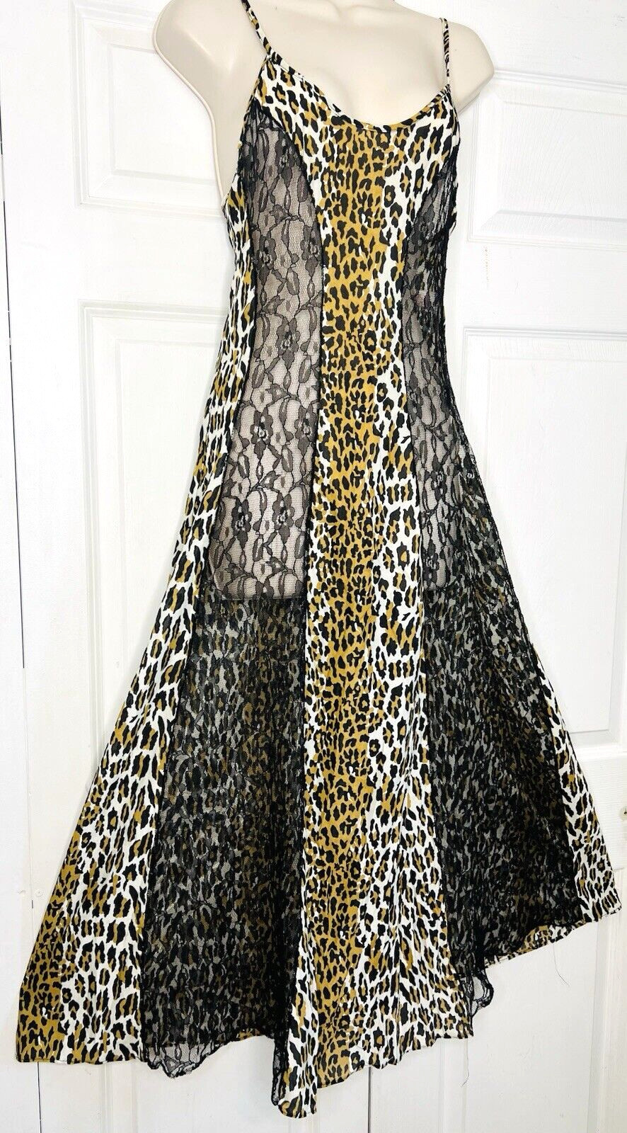 Vtg SEXY Leopard & Black Semi Sheer Lace Panels SMALL Long Negligee Nightgown