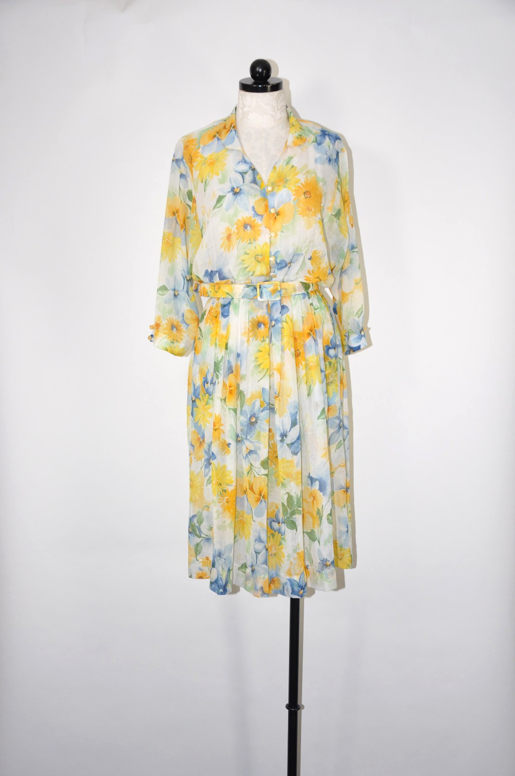 80s Vintage Blue Yellow Sunflower Floral Print Sheer Cotton Belted Shirtdress M
