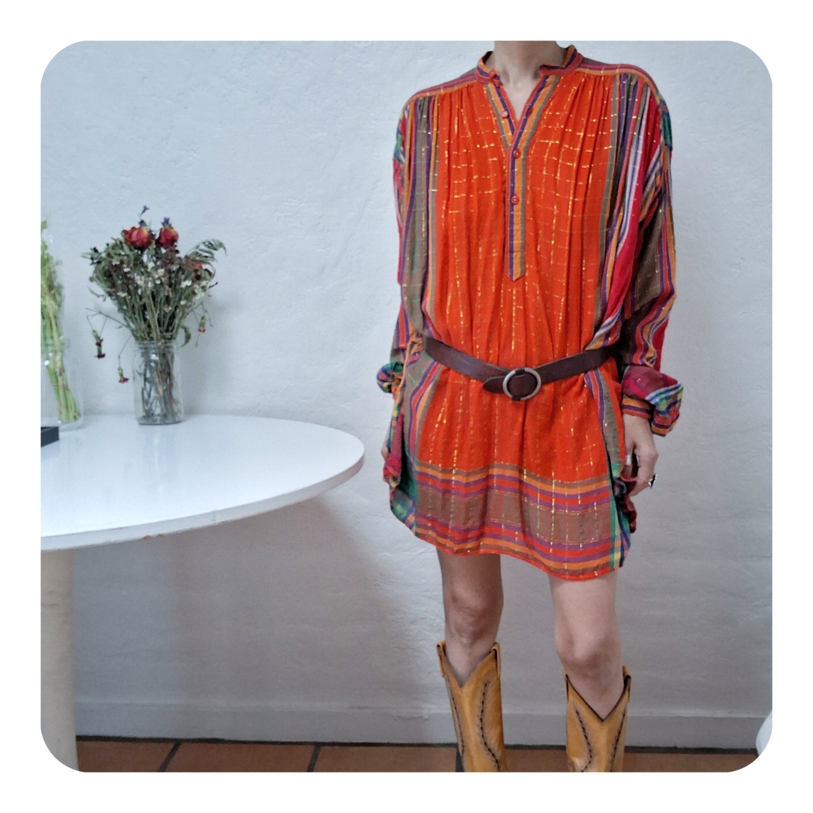 VTG 70s PAUL ROPP Art Wear Lurex Tunic Dress Boho Hippie Lurex Striped