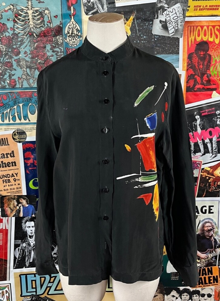 Vtg 90s Black Multi-Color Abstract Art Doncaster Blouse Shirt Women XS/S