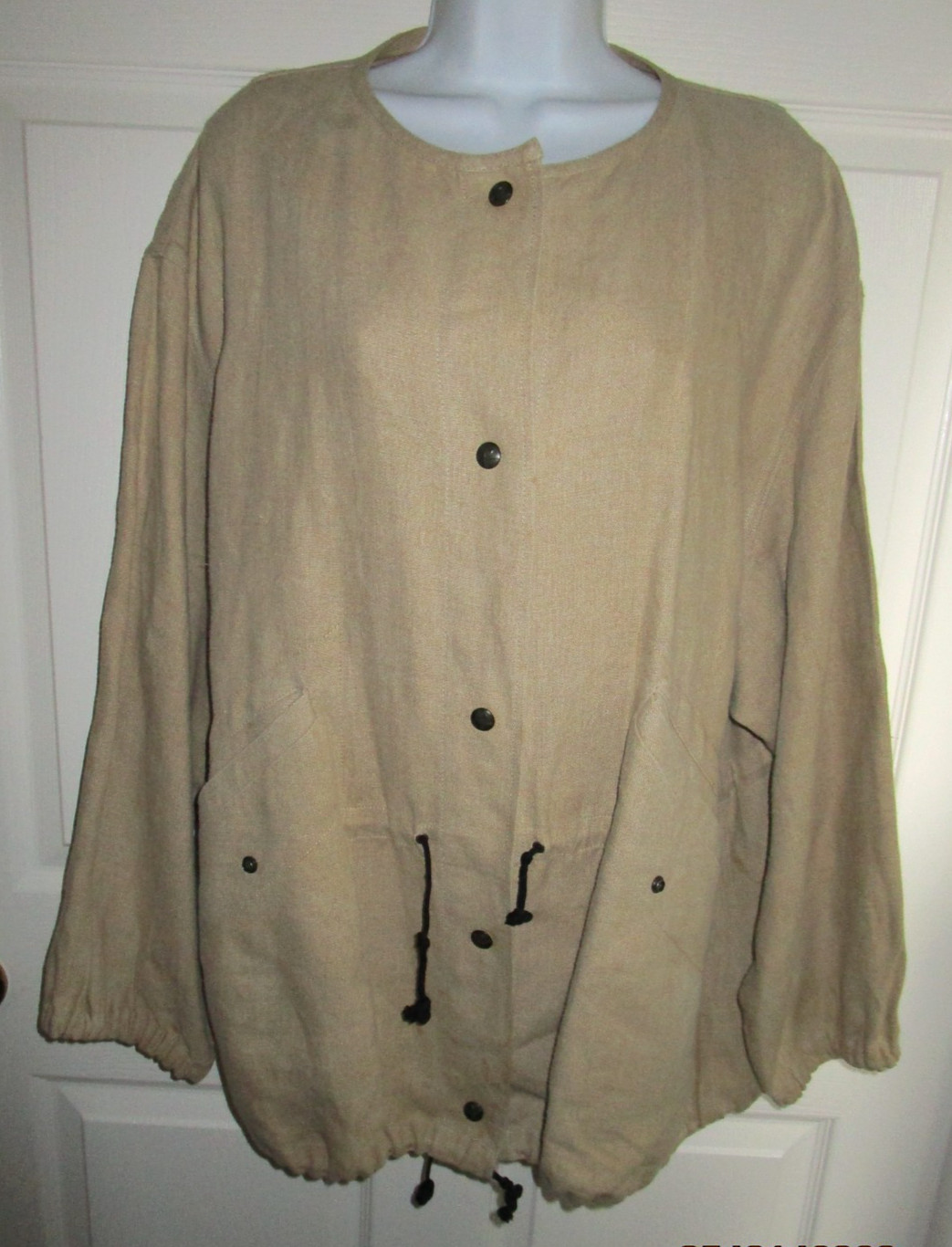 VTG XL L SONIA RYKIEL INSCRIPTION FRANCE TAN LINEN OVERSIZE UTILITARIAN JACKET
