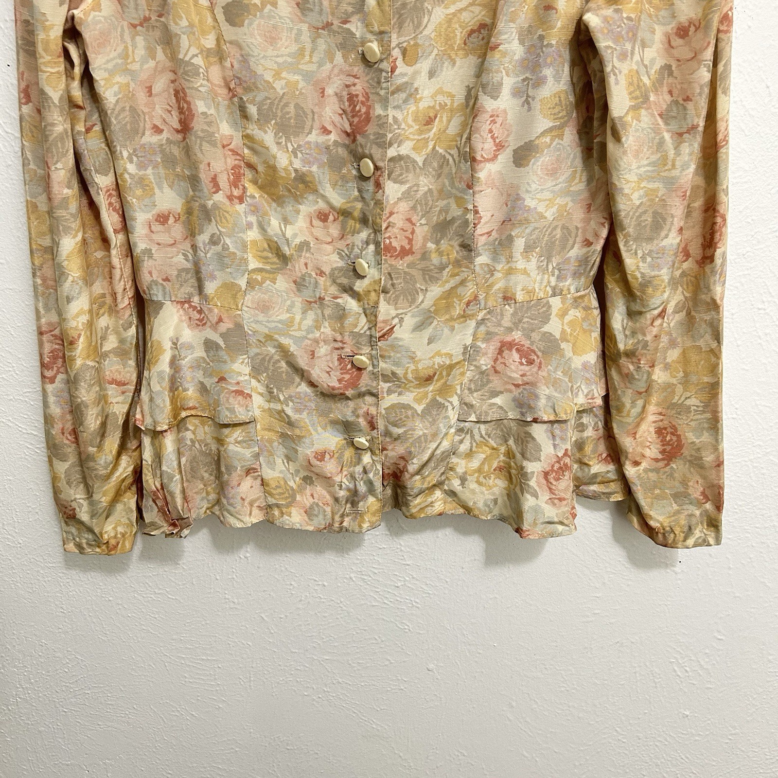 VTG Cream Ruffled Victorian Floral Top Blouse Shirt Size M Cottagecore Pastel